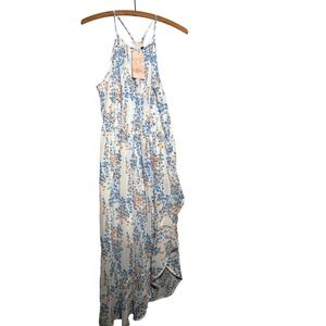 NWT Chic Style Floral High Low Maxi Dress Womens Medium Blue Orange Halter Neck